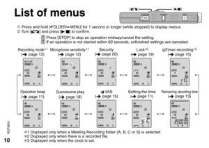 Page 1010
RQT8824
1 Press and hold [*FOLDER/ MENU] for 1 second or longer (while stopped) to display menus.
2 Tu r n  [] and press [
q/ g] to confirm.
Ú1 Displayed only when a Meeting Recording folder (A, B, C or S) is selected.
Ú2 Displayed only when there is a recorded file.
Ú3 Displayed only when the clock is set.
List of menus
 Press [STOP] to stop an operation midway/cancel the setting. If an operation is not started within 60 seconds, unfinished settings are canceled.
Setting the time
(
 page 11)  VA S
(...