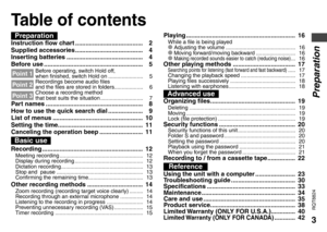 Page 33
RQT8824
Table of contents
Preparation
PreparationInstruction flow chart .......................................   2
Supplied accessories .......................................   4
Inserting batteries ............................................   4
Before use .........................................................   5
Before operating, switch Hold off, 
when finished, switch Hold on .......................   5
Recordings become audio files 
and the files are stored in folders.. ....................