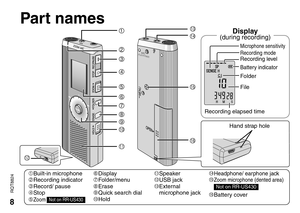 Page 88
RQT8824
MIC(PLUG IN POWER)
MENU
Hand strap hole
Part names
bn
bo
1
File
Recording levelRecording mode
Folder
Battery indicator
Recording elapsed time
bm 2
3
4
5
6
7
8
9
bk
bl
1Built-in microphone
2Recording indicator
3Record/ pause
4Stop
5
Zoom Not on RR-US430
6Display
7Folder/menu
8Erase
9Quick search dial
bk Hold bl
Speaker
bm USB jack
bn External 
microphone jack boHeadphone/ earphone jackbpZoom microphone (dented area) Not on RR-US430 
bq Battery cover
bp
Display(during recording)
bq
Microphone...