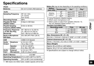 Page 39RQT9422
39
Other
Specifications
Power
BatteriesDC 3.0 V (2 AAA LR03 batteries)
Audio
Sampling FrequencyXP: 44.1 kHz
LP: 16 kHz
SLP: 8 kHz
Recording Format MP3
Playable Bit Rate 
(MUSIC folder) 8 kbps to 320 kbps
Playable Sampling 
Frequency (MUSIC folder)8 kHz to 48 kHz
Frequency Response
(-10 dB, Rec-Play, 
Monaural) XP: 180 Hz to 15,100 Hz 
LP: 180 Hz to 6,700 Hz
SLP: 180 Hz to 2,900 Hz
Built-in Microphone 
S/N Ratio 40.5 dB (XP) Filter (JIS A)
USB USB2.0 (Hi-Speed)
Audio 
Output  Earphone
ø 3.5 mm...