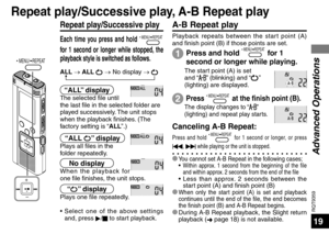 Page 19RQT9359
19
 MENU/ REPEAT
Each time you press and hold  MENU/ REPEAT 
for 1 second or longer while stopped, the 
playback style is switched as follows.
Repeat play/Successive play
ALL → ALL  → No display →  
“ALL” displayThe selected file until 
the last file in the selected folder are 
played successively. The unit stops 
when the playback finishes. (The 
factory setting is “ALL”.)
“ALL ” displayPlays all files in the 
folder repeatedly.
The display changes to “” 
(lighting) and repeat play starts....