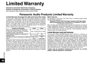 Page 40RQT9359
40
Limited Warranty
Panasonic Consumer Electronics Company,
Division of Panasonic Corporation of North America
One Panasonic Way, Secaucus, New Jersey 07094
Panasonic Audio Products Limited WarrantyLimited Warranty Coverage (For USA and Puerto Rico Only)If your product listed below does not work properly because of a defect 
in materials or workmanship, Panasonic Consumer Electronics Company 
(referred to as “the warrantor”) will, for the length of the period indicated on 
the chart below, which...