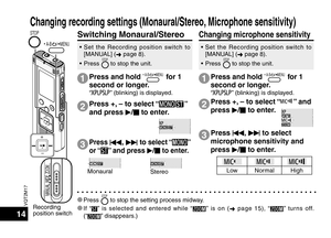 Page 14VQT2M17
14
• Set the Recording position switch to [MANUAL] ( ➜ page 8).
• Press 
STOP to stop the unit.
Press and hold  A-B      / MENU  for 1 
second or longer.
“” (blinking) is displayed.
Press u , 
i  to select “” 
or “
” and press  q/
g  to enter.
Press +, – to select “” 
and press  q/
g  to enter.
Stereo
Monaural
1
2
3
Switching Monaural/Stereo
* Press STOP to stop the setting process midway.
* If  “
” is selected and entered while “” is on ( ➜ page 15), “” tur ns off. 
(“” disappears.)
1Press and...