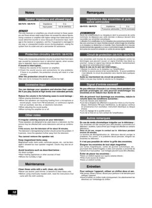Page 10RQT7694
10
Notes
Speaker impedance and allowed input
SB-FS70 / SB-PC70Impedance  6 Ω
Input power  100 W (RATED)
The only receivers or amplifiers you should connect to these speak-
ers are those whose rated output does not exceed the above figures.
Using a receiver or amplifier with higher ratings than listed above can
cause abnormal sounds to occur because of excessive input, dam-
age to the receiver or speakers, and fire. If equipment is damaged in
any way or unexpected trouble occurs during playback,...