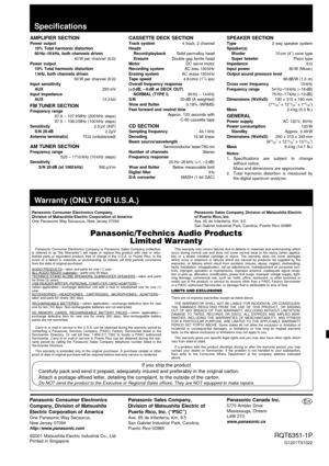 Page 1616
Reference
RQT6351
Panasonic Consumer Electronics
Company, Division of Matsushita
Electric Corporation of America
One Panasonic Way Secaucus,
New Jersey 07094
http://www.panasonic.com
Panasonic Sales Company,
Division of Matsushita Electric of
Puerto Rico, Inc. (“PSC”)
Ave. 65 de Infantería, Km. 9.5
San Gabriel Industrial Park, Carolina,
Puerto Rico 00985
Panasonic Canada Inc.5770 Ambler Drive
Mississauga, Ontario
L4W 2T3
www.panasonic.ca
RQT6351-1P
En
©2001 Matsushita Electric Industrial Co., Ltd....