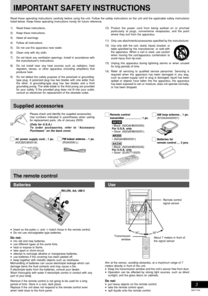Page 3RQT7790
3
Read these operating instructions carefully before using the unit. Follow the safety instructions on the unit and the applicable safety instructions
listed below. Keep these operating instructions handy for future reference.
1) Read these instructions.
2) Keep these instructions.
3) Heed all warnings.
4) Follow all instructions.
5) Do not use this apparatus near water.
6) Clean only with dry cloth.
7) Do not block any ventilation openings. Install in accordance with
the manufacturer’s...