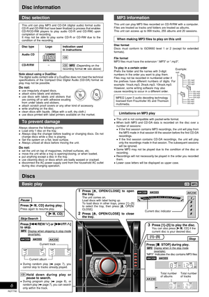 Page 6RQT7790
6
CD
TA P
E
AU X
TUNERBAND
POWERAC IN
CD 
DIRECT
PLAY1
2
3
4
5
DISP  DEMO
REC
    DECK1    DECK
 1/2    DECK2
FFREW
STOP
AK330AK333
AK330AK3331Press [c, OPEN/CLOSE] to open
the tray.
The unit comes on.
Load discs with label facing up.
To load discs in other trays, press [1] – [5]
to select the tray, then press [c, OPEN/
CLOSE].
2Press [c, OPEN/CLOSE] to close
the tray.
Disc information
Disc type Logo Indication used
in instructions
Audio CD
CD-R/RW–
CD MP3 
(Depending on the
recording format A...