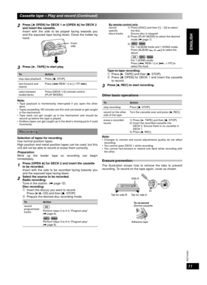 Page 1111
RQT8043
RQTV0061
LANG - 5 LANG - 4 FRANÇAIS DANSK
ENGLISH
2Press [0 OPEN] for DECK 1 or [OPEN 0] for DECK 2 
and insert the cassette.
Insert with the side to be played facing towards you 
and the exposed tape facing down. Close the holder by 
hand.
Front 
side
3Press [3, TAPE] to start play.
To A c t i o n
stop tape playback Press [7, STOP].
fast-for ward and 
rewindPress [4 / REW /  ]  or  [  / FF / ¢].
select between 
loaded decksPress [DECK 1/2] (remote control : 
[PLAY MODE]).
Note: Tape playback...