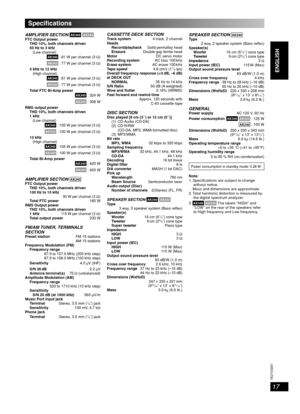 Page 1717
RQT8043
RQTV0061
LANG - 5 LANG - 4 FRANÇAIS DANSK
ENGLISH
AMPLIFIER SECTION AK340 AK343FTC Output power
  THD 10%, both channels driven
  50 Hz to 3 kHz
  (Low channel)
   
AK340 : 81 W per channel (3 Ω)
   
AK343 : 77 W per channel (3 Ω)
  3 kHz to 12 kHz
  (High channel)
   
AK340 : 81 W per channel (3 Ω)
   
AK343 : 77 W per channel (3 Ω)
 Total FTC Bi-Amp power
   
AK340 : 324 W
   
AK343 : 308 W
RMS output power
  THD 10%, both channels driven
 1 kHz
  (Low channel)
   
AK340 : 105 W per channel...