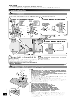 Page 2020
RQT8043
RQTV0061
ESPAÑOL LANG - 4
FRANÇAIS
DANSK
ENGLISH
(L) (R)
Preparativos iniciales
4 Conecte el cable de alimentación de CA
Para su referencia
Para ahorrar energía cuando no utiliza el aparato durante 
mucho tiempo, desenchúfelo de la toma de CA.
Después de enchufar el aparato tendrá que reponer algunos 
elementos de la memoria.Nota:El cable de alimentación de CA incluido es para ser usado con 
este aparato solamente.
No lo utilice con otro equipo.
PasoPaso  11 - Conexiones - Conexiones
Conecte...