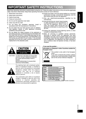 Page 3
3
RQT8043
RQTV0061
LANG - 5 LANG - 4 FRANÇAIS DANSK
ENGLISH
The lightning flash with arrowhead symbol,
within an equilateral triangle, is intended to
alert the user to the presence of uninsulateddangerous voltage within the product s
enclosure that may be of sufficient
magnitude to constitute a risk of electric
shock to persons.
CAUTION: TO REDUCE THE RISK OF ELECTRIC
SHOCK, DO NOT REMOVE SCREWS.
NO USER-SERVICEABLE PARTS
INSIDE.
REFER SERVICING TO QUALIFIED
SERVICE PERSONNEL.
The exclamation point...