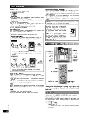 Page 1010
RQT8043
RQTV0061
LANG - 5 LANG - 4 FRANÇAIS DANSK ENGLISH
NOTE on CDs  This unit can access up to 99 tracks.
  Choose disc with this mark.
 
 This unit can play MP3 or WMA  les and CD-DA format audio 
CD-R / RW that have been  nalized.
  It may not be able to play some CD-R / RW due to the condition of 
the recording.
  Do not use irregularly shaped disc.
  Do not use disc with labels and stickers that are coming off or with 
adhesive exuding from under labels and stickers.
  Do not attach...