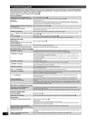 Page 1818
RQT8043
RQTV0191
LANG - 5 LANG - 4 FRANÇAIS DANSK ENGLISH
Before requesting service, make the following checks. If you are in doubt about some of the check points, or if the remedies indicated 
in the chart do not solve the problem, refer to the “Customer Services Directory” on page 20 if you reside in the U.S.A., or refer to the 
“Product information” on page 21 if you reside in Canada.
Reference pages are shown as black circled numbers 4.
Common problems
Although the unit is in standby mode, the...