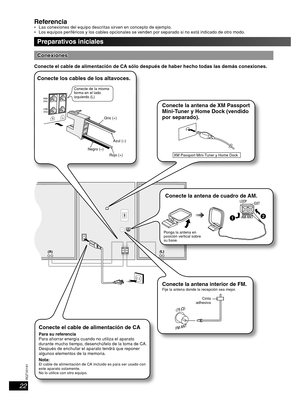 Page 2222
RQT8043
RQTV0191
ESPAÑOL LANG - 4
FRANÇAIS
DANSK
ENGLISH
(L) (R)
Preparativos iniciales
Referencia Las conexiones del equipo descritas sirven en concepto de ejemplo.
 Los equipos periféricos y los cables opcionales se venden por separado si no está indicado de otro modo.
ConexionesConexiones
Conecte el cable de alimentación de CA sólo después de haber hecho todas las demás conexiones. 
Conecte el cable de alimentación de CA
Para su referencia
Para ahorrar energía cuando no utiliza el aparato 
durante...