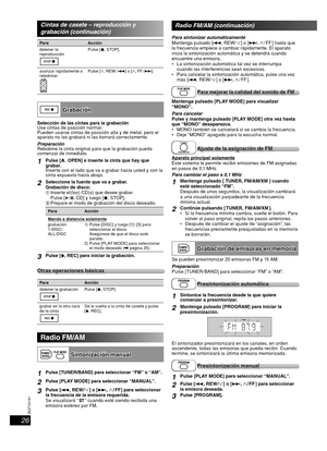 Page 2626
RQT8043
RQTV0191
ESPAÑOL LANG - 4
FRANÇAIS
DANSK
ENGLISH
Para sintonizar automáticamente
Mantenga pulsado [4, REW/   ] o [¢,   / FF ]  hasta  que 
la frecuencia empiece a cambiar rápidamente. El aparato 
inicia la sintonización automática y se detendrá cuando 
encuentre una emisora.
 La sintonización automática tal vez se interrumpa 
cuando las interferencias sean excesivas.
 Para cancelar la sintonización automática, pulse una vez 
más [4, REW/   ] o [¢,   / FF ].
Para mejorar la calidad del sonido...