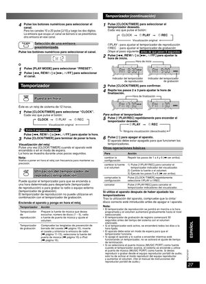 Page 2727
RQT8043
RQTV0191
ESPAÑOLLANG - 4
FRANÇAIS
DANSK
ENGLISH
4Pulse los botones numéricos para seleccionar el 
canal.
Para los canales 10 a 20 pulse [h10] y luego los dos dígitos.
La emisora que ocupa un canal se borrará si se presintoniza 
otra emisora en ese canal.
Selección de una emisora presintonizada
Pulse los botónes numéricos para seleccionar el canal.
O
1Pulse [PLAY MODE] para seleccionar “PRESET”.
2Pulse [4, REW/   ] o [¢,   / FF ]  para  seleccionar 
el canal.
Temporizador
Puesta en horaPuesta...