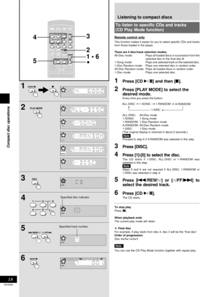 Page 1818
RQT6085
Compact disc operations
1
2
3
5
1 • 6 4
5
3
2
4
6
DISC
Specified disc indicator
Listening to compact discs
To listen to specific CDs and tracks
(CD Play Mode function)
This function makes it easier for you to select specific CDs and tracks
from those loaded in the player.
There are 5 disc/track selection modes.
All-Disc  mode: Plays all loaded discs in succession from the
selected disc to the final disc    .
1-Song mode: Plays one selected track on the selected disc.
1-Disc Random mode: Plays...