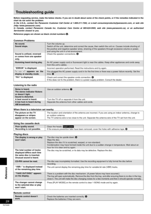 Page 2828
Reference
RQT6085
Troubleshooting guide
Before requesting service, make the below checks. If you are in doubt about some of the check points, or if the remedies indicated in the
chart do not solve the problem:
In the U.S.A., contact the Panasonic Customer Call Center at 1-800-211-7262, or e-mail consumerproducts@panasonic.com, or web site
(http://www.panasonic.com).
In Canada, contact Panasonic Canada Inc. Customer Care Centre at 905-624-5505, web site (www.panasonic.ca), or an authorized
Servicentre...