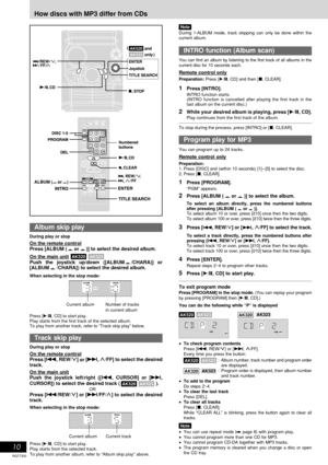 Page 10RQT7330
10
Album skip play
During play or stop
On the remote control
Press [ALBUM ( or )] to select the desired album.
On the main unit
Push the joystick up/down ([ALBUM/CHARA)] or
[ALBUM  /CHARA]) to select the desired album.
When selecting in the stop mode:
Press [:/J, CD] to start play.
Play starts from the first track of the selected album.
To play from another track, refer to “Track skip play” below.
Track skip play
During play or stop
On the remote control
Press [ g, REW/3]
 or [f, 4/FF] to select...