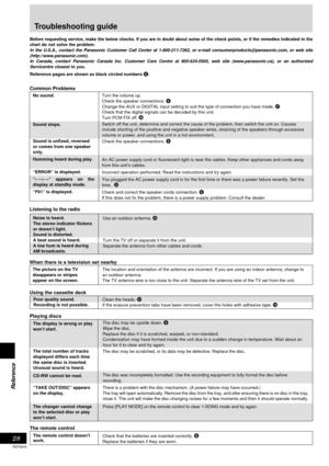 Page 2828
Reference
RQT6243
Troubleshooting guide
Before requesting service, make the below checks. If you are in doubt about some of the check points, or if the remedies indicated in the
chart do not solve the problem:
In the U.S.A., contact the Panasonic Customer Call Center at 1-800-211-7262, or e-mail consumerproducts@panasonic.com, or web site
(http://www.panasonic.com).
In Canada, contact Panasonic Canada Inc. Customer Care Centre at 905-624-5505, web site (www.panasonic.ca), or an authorized
Servicentre...