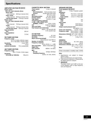 Page 19Timer operations
RQT6707
Reference
19
Specifications
AMPLIFIER SECTION SC-AK410  Power output
THD 10%, both channels driven
60
 Hz–3 kHz
(Low channel) 58 W per channel (6 Ω)
3 kHz–16 kHz
(High channel) 58 W per channel (6 Ω)
Total Bi-Amp power116 W per channel
Power output
THD 10%, both channels driven
1
 kHz
(Low channel) 75 W per channel (6 Ω)
10 kHz
(High channel) 75 W per channel (6 Ω)
Total Bi-Amp power150 W per channel
Input sensitivity
AUX250
 mV
Input Impedance
AUX13.3
 kΩ
FM TUNER...