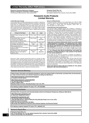 Page 1818
RQT8043
RQTV0071
LANG - 5 LANG - 4 FRANÇAIS DANSK ENGLISH
Limited Warranty (ONLY FOR U.S.A.)
Panasonic Consumer Electronics Company, 
Division of Panasonic Corporation of North America
One Panasonic Way Secaucus, New Jersey 07094Panasonic Puerto Rico, Inc.
Ave. 65 de Infantería, Km. 9.5 
San Gabriel Industrial Park, Carolina, Puerto Rico 00985
Panasonic Audio Products
Limited Warranty
Limited Warranty Coverage
If your product does not work properly because of a defect in materials or 
workmanship,...