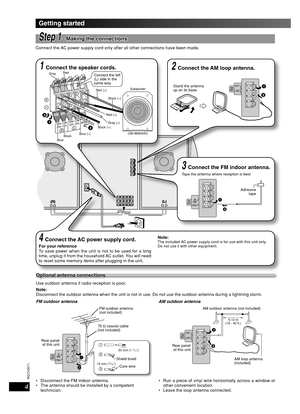 Page 44
RQT8043
RQTV0071
LANG - 5 LANG - 4 FRANÇAIS DANSK ENGLISH
(L)
(R)
Getting started
4 Connect the AC power supply cord.
For your reference
To save power when the unit is not to be used for a long 
time, unplug it from the household AC outlet. You will need 
to reset some memory items after plugging in the unit.Note:The included AC power supply cord is for use with this unit only.
Do not use it with other equipment.
Step 1Step 1 - Making the connections - Making the connections
Connect the AC power supply...