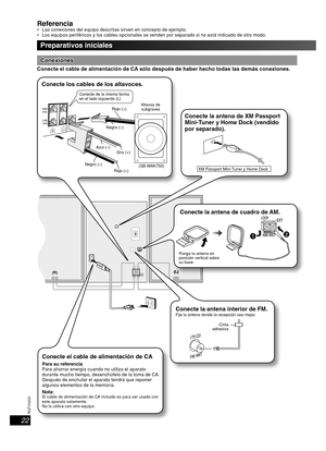 Page 2222
RQT8043
RQTV0200
ESPAÑOL LANG - 4
FRANÇAIS
DANSK
ENGLISH
Preparativos iniciales
Referencia Las conexiones del equipo descritas sirven en concepto de ejemplo.
 Los equipos periféricos y los cables opcionales se venden por separado si no está indicado de otro modo.
ConexionesConexiones
Conecte el cable de alimentación de CA sólo después de haber hecho todas las demás conexiones. 
(L)
(R)
Conecte el cable de alimentación de CA
Para su referencia
Para ahorrar energía cuando no utiliza el aparato 
durante...