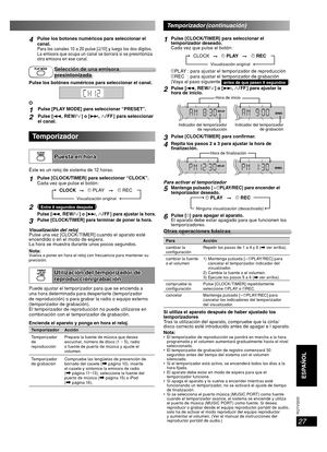 Page 2727
RQT8043
RQTV0200
ESPAÑOLLANG - 4
FRANÇAIS
DANSK
ENGLISH
4Pulse los botones numéricos para seleccionar el 
canal.
Para los canales 10 a 20 pulse [h10] y luego los dos dígitos.
La emisora que ocupa un canal se borrará si se presintoniza 
otra emisora en ese canal.
Selección de una emisora presintonizada
Pulse los botónes numéricos para seleccionar el canal.
O
1Pulse [PLAY MODE] para seleccionar “PRESET”.
2Pulse [4, REW/   ] o [¢,   / FF ]  para  seleccionar 
el canal.
Temporizador
Puesta en horaPuesta...