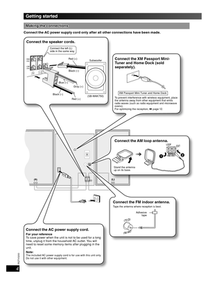 Page 44
RQT8043
RQTV0200
LANG - 5 LANG - 4 FRANÇAIS DANSK ENGLISH
(L)
(R)
Making the connectionsMaking the connections
Connect the AC power supply cord only after all other connections have been made.
Getting started
Connect the AC power supply cord.
For your reference
To save power when the unit is not to be used for a long 
time, unplug it from the household AC outlet. You will 
need to reset some memory items after plugging in the 
unit.
Note:
The included AC power supply cord is for use with this unit...