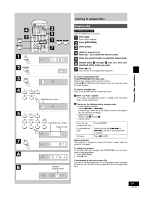 Page 1919
RQT5769
Compact disc operations
1
A
B
2
3
4
5
7
DISC
PRGM
DISC
DISC
DISC
DISC
DISC
DISC
1
7
4
2
3
5
Listening to compact discs
Program play
You can program up to 24 tracks.
Press [CD].
Ensure CD is stopped.
Press [PROGRAM].
Press [DISC].
(within 10 seconds or so)
Press [1] – [5] to select the disc you want.
Press the numeric button to select the desired track.
Repeat steps 3 through 5 until you have pro-
grammed all the tracks you want.
Press [
- -- -
-/4].Play will start in the programmed sequence....