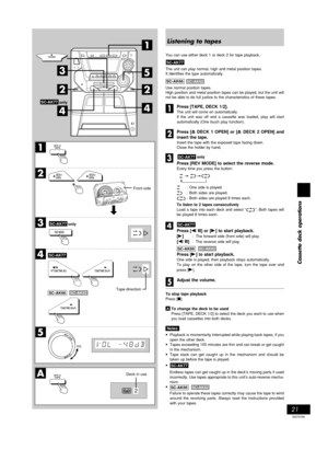 Page 2121
RQT5769
Cassette deck operations
1
A
2
3
4
5
SC-AK77
SC-AK66
onlySC-AK77
1
3
2
5
2
44
onlySC-AK77
2
SC-AK62
Listening to tapes
You can use either deck 1 or deck 2 for tape playback.
SC-AK77-AK44
The unit can play normal, high and metal position tapes.
It identifies the type automatically.
SC-AK66 SC-AK62
Use normal position tapes.
High position and metal position tapes can be played, but the unit will
not be able to do full justice to the characteristics of these tapes.
Press [TAPE, DECK 1/2].
The...