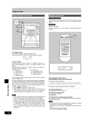 Page 3434
Timer and others
RQT5769
Using the play/record timer
To change the timer
Press [rPLAY/rREC] to select the desired timer.
Every time the button is pressed the setting changes as follows.
To check settings
While the unit is on and the “rPLAY” (or “rREC”) indicator is on,
press [CLOCK/TIMER] so “rPLAY” (or “rREC”) appears on the
display.
Two seconds after “rPLAY” (or “rREC”) appear, the settings are
displayed in the following order:
•For play timer•For record timer
1Play start time1Recording start time...