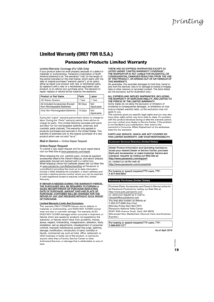 Page 1919
RQT9899
Limited Warranty (ONLY FOR U.S.A.)
Panasonic Products Limited Warranty
Limited Warranty Coverage (For USA Only)If your product does not work properly because of a defect in 
materials or workmanship, Panasonic Corporation of North 
America (referred to as “the warrantor”) will, for the length of 
the period indicated on the chart below, which starts with the 
date of original purchase (“warranty period”), at its option 
either (a) repair your product with new or refurbished parts, 
(b) replace...