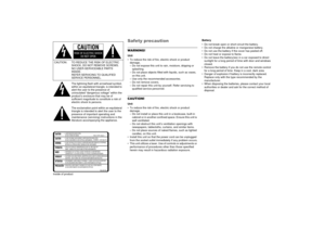 Page 3Inside of product
Safety precautionWARNING!Unit
• To reduce the risk of fire, electric shock or product damage,
– Do not expose this unit to  rain, moisture, dripping or 
splashing.
– Do not place objects filled wit h liquids, such as vases, 
on this unit.
– Use only the recommended accessories.
– Do not remove covers. 
– Do not repair this unit by yourself. Refer servicing to  qualified service personnel.CAUTION!Unit
• To reduce the risk of fire, electric shock or product damage,
– Do not install or...