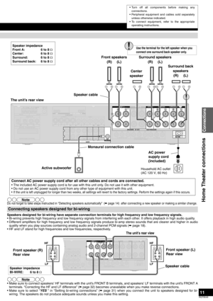 Page 1111
RQT8549
Do not forget to take steps instructed in “Detecting speakers automatically”  (á page 14)  after connecting a new speaker or making a similar change. 
Speakers designed for bi-wiring have separate connection terminals for high frequency and low frequency signals.
• Bi-wiring prevents high frequency and low frequency signals from interfering with each other. It offers playback in high audio quality.
• Different amplifiers for high frequency and low frequency signals produce bi-amp stereo sounds...