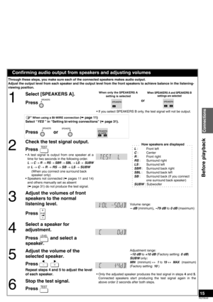 Page 1515
RQT8549
Confirming audio output from speakers and adjusting volumes
Through these steps, you make sure each of the connected speakers makes audio output.
Adjust the output level from each speaker and the output level from the front speakers to achieve balance in the listening-
viewing position.
1
Select [SPEAKERS A].
Press
or 
• If you select SPEAKERS B only, the test signal will not be output.
When using a BI-WIRE connection (á page 11)
Select “YES ” in “Setting bi-wiring connections” (á page 31)....
