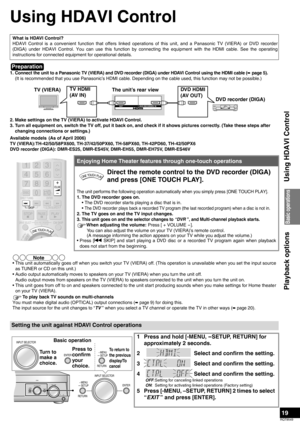 Page 1919
RQT8549
Using HDAVI Control
1.Connect the unit to a Panasonic TV (VIERA) and DVD recorder (DIGA) under HDAVI Control using the HDMI cable (á page 5).
(It is recommended that you use Panasonic’s HDMI cable. Depending on the cable used, this function may not be possible.)
2. Make settings on the TV (VIERA) to activate HDAVI Control. 
3. Turn all equipment on, switch the TV off, put it back on, and check if it shows pictures correctly. (Take these steps after 
changing connections or settings.)
Available...