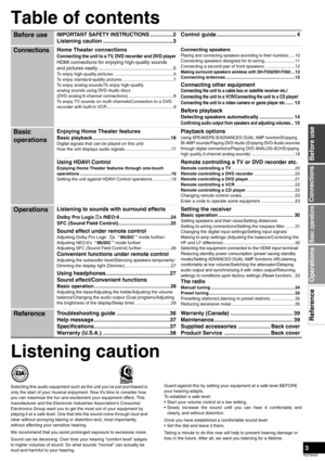 Page 33
RQT8549
Connections
Basic operations
Before use
Operations Reference
Table of contents/
Listening caution
Selecting fine audio equipment such as the unit you’ve just purchased is 
only the start of your musical enjoyment. Now it’s time to consider how 
you can maximize the fun and excitement your equipment offers. This 
manufacturer and the Electronic Industries Association’s Consumer 
Electronics Group want you to get the most out of your equipment by 
playing it at a safe level. One that lets the...