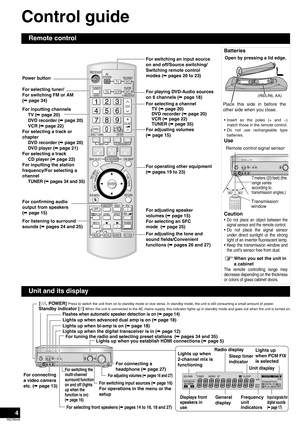 Page 44
RQT8549
Control guide
Remote control
Batteries
• Insert so the poles (+ and –)
match those in the remote control.
• Do not use rechargeable type
batteries.
Use
Caution
• Do not place an object between the
signal sensor and the remote control.
• Do not place the signal sensor
under direct sunlight or the strong
light of an inverter fluorescent lamp.
• Keep the transmission window and
the unit’s sensor free from dust.
When you set the unit in 
a cabinet
The remote controlling range may
decrease depending...