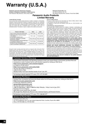 Page 3838
RQT8549
Warranty (U.S.A.)
Accessory Purchases
Limited Warranty Coverage
If your product does not work properly because of a defect in materials or workmanship,
Panasonic Consumer Electronics Company or Panasonic Puerto Rico, Inc. (collectively
referred to as 
“the warrantor”) will, for the length of the period indicated on the chart below,
which starts with the date of original purchase (“warranty period”), at its option either (a)
repair your product with new or refurbished parts, or (b) replace it...