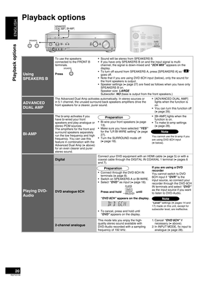 Page 20
ENGLISH
RQTV0156

20
Playback options
Playback options
AUTO SPEAKER SETUPADVANCEDDU AL AMPBI-AMP
SPEAKERSA BAUTO DETECTORSURR OUND
AUXSETUP MIC
MENUSETUPRETURN
INPUT SELEC TORENTERVOLUMEHDMI
TUNE
S VIDEO INVIDEO INLAUDIO
 INR
SPEAKERS
[BI-AMP]
BA
ADVANCED
DU AL AMP
ONETOUCHPLAY
�DIRECTNAVIGATOR
TOPMENU�FUNCTIONS
0
RECEIVERAVSYSTEMTVRECORDERDVD
PLAYER
ANALOG 6CHVCRCDTUNER
BAND
CH
VOLUME
DIRECT TUNING
SKIPSLOW/SEARCH
STOPPAUSEPLAY
DRIVE SELECTDVD RECORDERMANU AL SKIP
ENTER
SUB MENU RETURN
OFFSUBWOOFERTV...