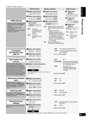 Page 29
ENGLISH
RQTV0156

29
➡ page 26 for basic operations
Set the dynamic range (the difference between the loudest and softest sounds) compression for Dolby Digital. Use this function when you have to turn the volume down, such as late at night. It compresses the dynamic range so that you can still hear dialogue and leave the sound field unaffected.
Select and confirm. 
 
Select a level and confirm.
This function depends on the disc so it may not work at times.
OFF: Off
STANDARD: The level recommended by the...