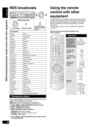 Page 34
ENGLISH
RQTV0156

To switch the unit’s input to  “TV”/To switch the remote control to the TV operation mode
  Do this before trying to operate the television.
To switch the television on or off
To switch the television’s input mode
To adjust the television’s volume
Select the channel
To change channels sequentially       
To select a channel directly
AUTO SPEAKER SETUPADVANCEDDU AL AMPBI-AMP
SPEAKERSA BAUTO DETECTORSURROUND
AUX SETUP MIC
MENUSETUPRETURN
INPUT SELECT ORENTERVOLUMEHDMI
TUNE
S VIDEO...