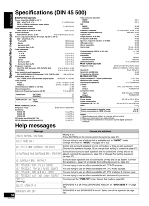 Page 38
ENGLISH
RQTV0156

38
Specifications (DIN 45 500)
 AMPLIFIER SECTION Power output (at AC 230 to 240 V)DIN 1 kHz (T.H.D. 1 %) 2 x 100 W (6 Ω)20 Hz to 20 kHz continuous power output   both channel driven 2 x 80 W (6 Ω)Total harmonic distortionrated power at 20 Hz to 20 kHz 0.09 % (6 Ω)Power bandwidth both channel driven, -3 dB 4 Hz to 88 kHz (6 Ω, 0.9 %)Power output each channel driven (at AC 230 to 240 V)DIN 1 kHz (T.H.D. 1 %) Front (L/R) 100 W (6 Ω)Center 100 W (6 Ω)Surround (L/R) 100 W (6 Ω)Surround...