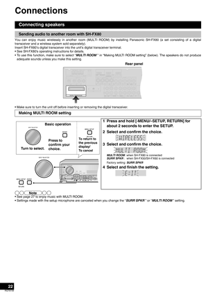 Page 2222
RQT8739
Connections
You can enjoy music wirelessly in another room (MULTI ROOM) by installing Panasonic SH-FX80 (a set consisting of a digital
transceiver and a wireless system sold separately).
Insert SH-FX80’s digital transceiver into the unit’s digital transceiver terminal.
• See SH-FX80’s operating instructions for details.
• To use this function, make sure to select “MULTI ROOM ” in “Making MULTI ROOM setting” (below). The speakers do not produce
adequate sounds unless you make this setting.
•...