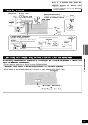 Page 2323
RQT8739
You can enjoy XM Satellite Radio on this unit by connecting the XM Connect & Play antenna, or XM Mini-Tuner
and Home Dock (each sold separately).
• XM monthly service subscription is required to receive XM Satellite Radio.
Connecting antennas
Connecting XM Connect & Play antenna or XM Mini-Tuner and Home Dock
XM Connect & Play antenna, or XM Mini-Tuner and Home Dock (each sold separately)
Refer to page 42 for optimizing the reception and information on how to subscribe to XM Satellite Radio.
S...