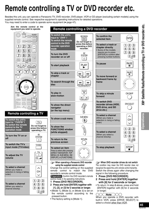 Page 4545
RQT8739
Remote controlling a TV or DVD recorder etc.
Besides this unit, you can operate a Panasonic TV, DVD recorder, DVD player, VCR or CD player (excluding certain models) using the
supplied remote control. See respective equipment’s operating instructions for detailed operations.
You may need to enter a code to operate some equipment (
á page 47).
Remote controlling a TV
To switch the unit’s 
input to “TV/STB ”/
To switch the remote 
control to the TV 
operation mode
Do not forget to 
press this...