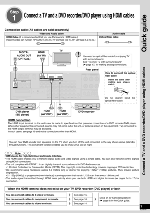 Page 7Quick guide
7
RQT8739
Connect a TV and a DVD recorder/DVD player using HDMI cables
Connection cable (All cables are sold separately)
.
HDMI stands for High-Definition Multimedia Interface.
• The HDMI cable enables you to transmit digital audio and video signals using a single cable. You can also transmit control signals
using HDMI connections.
• The unit complies with CPPM
∗1. It can digitally transmit surround sound in DVD-Audio sources.
∗1 Content Protection for Prerecorded Media (CPPM): This copyright...