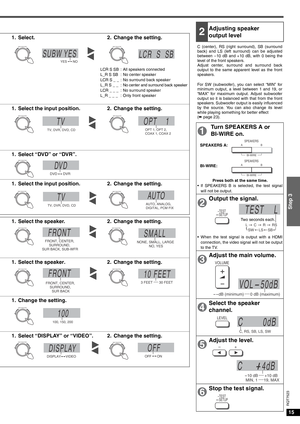 Page 1515
Step 3
RQT7523
1. Select. 2. Change the setting.
1. Select the input position. 2. Change the setting.
1. Select “DVD” or “DVR”.
1. Select the input position. 2. Change the setting.
1. Select the speaker. 2. Change the setting.
1. Select the speaker. 2. Change the setting.
1. Change the setting.
1. Select “DISPLAY” or “VIDEO”. 2. Change the setting.
INPUT SELECTOR
SUBW YESYESNO
INPUT SELECTOR
LCR  S  SB
INPUT SELECTOR
TV
TV, DVR, DVD, CD
INPUT SELECTOR
OPT    1
OPT 1, OPT 2,
COAX 1, COAX 2
INPUT...